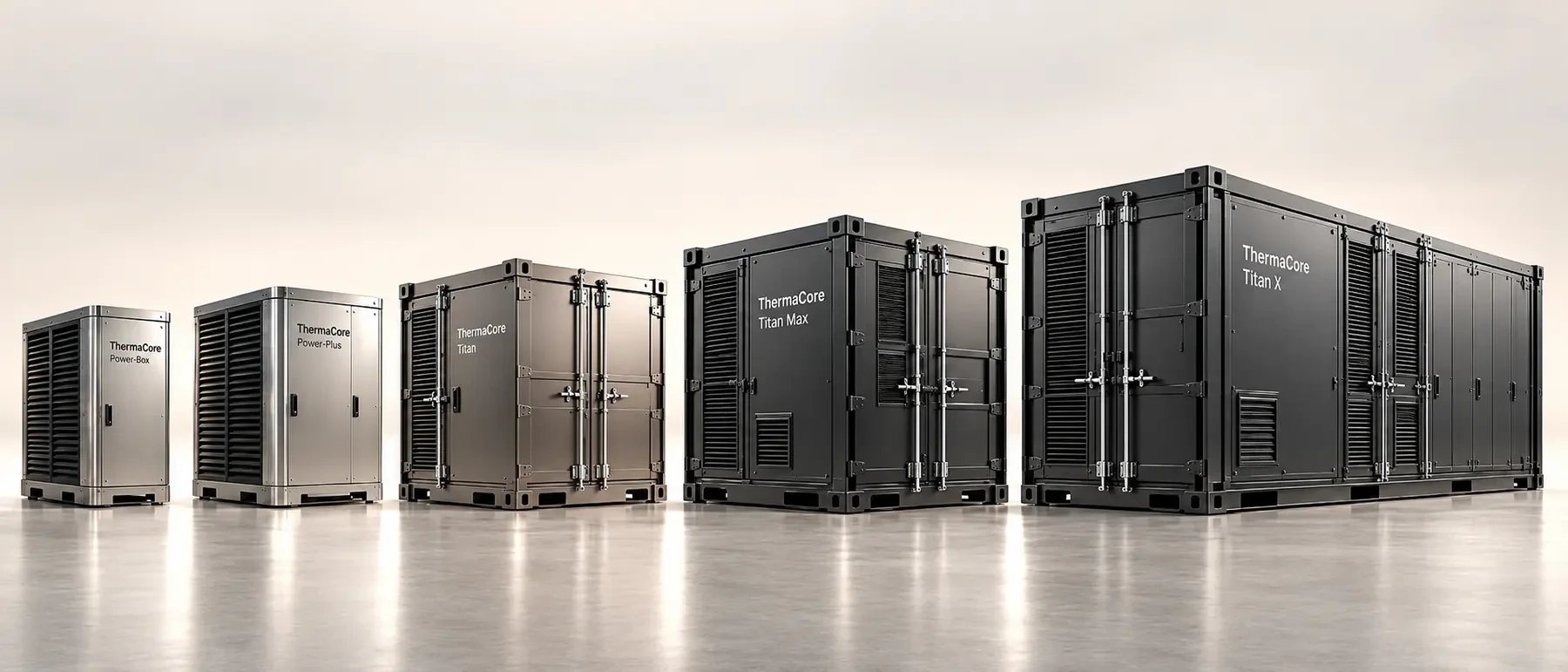 ThermaCore product family concept showing Power-Box, Power-Plus, Titan, Titan Max and Titan X in increasing intended scale